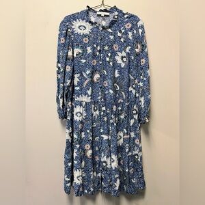 LOFT Blue Floral Tiered Long Sleeve Boho Midi Dress—XXL Tall